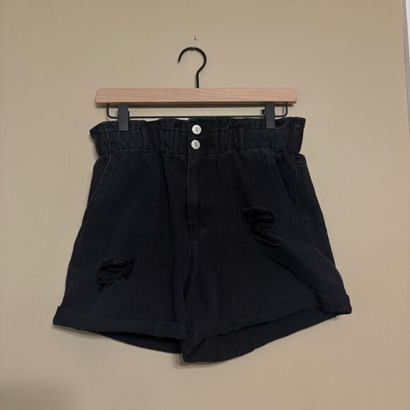 Love Tree Women Juniors Retro Paperbag Waist Black Denim High Rise Shorts Medium - Picture 1 of 8